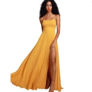 Lulu's Dreamy Romance Mustard Yellow Backless Maxi Dress